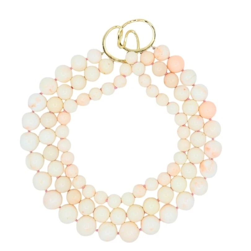 Angel Skin Coral Triple Strand Necklace 14K Gold - 6