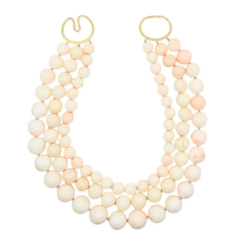 Angel Skin Coral Triple Strand Necklace 14K Gold - 7
