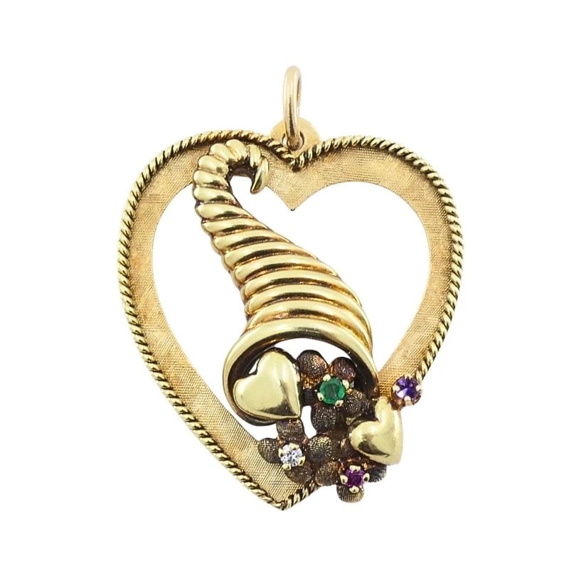 Vintage 14k Gold Heart Pendant Gemstone Cornucopia Design: Title: Vintage 14k Gold Heart Pendant Gemstone Cornucopia Design Description: ES JJOO Product details: MATERIALS: 14K Gold GEMSTONE: Multi-Gemstones WEIGHT: 11.2 Grams MEASUREMENTS: 1 3/16" x 1 1/4" H