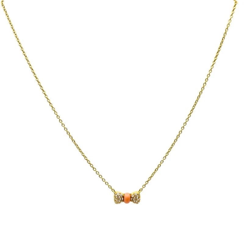 Van Cleef & Arpels Necklace 18k Gold Coral Diamond Bow Pendant: Title: Van Cleef & Arpels Necklace 18k Gold Coral Diamond Bow Pendant Description: ES UEOO Product details: DESIGNER: Van Cleef & Arpels CIRCA: 1980's MATERIALS: 18k Yellow Gold GEMSTONE: Coral,