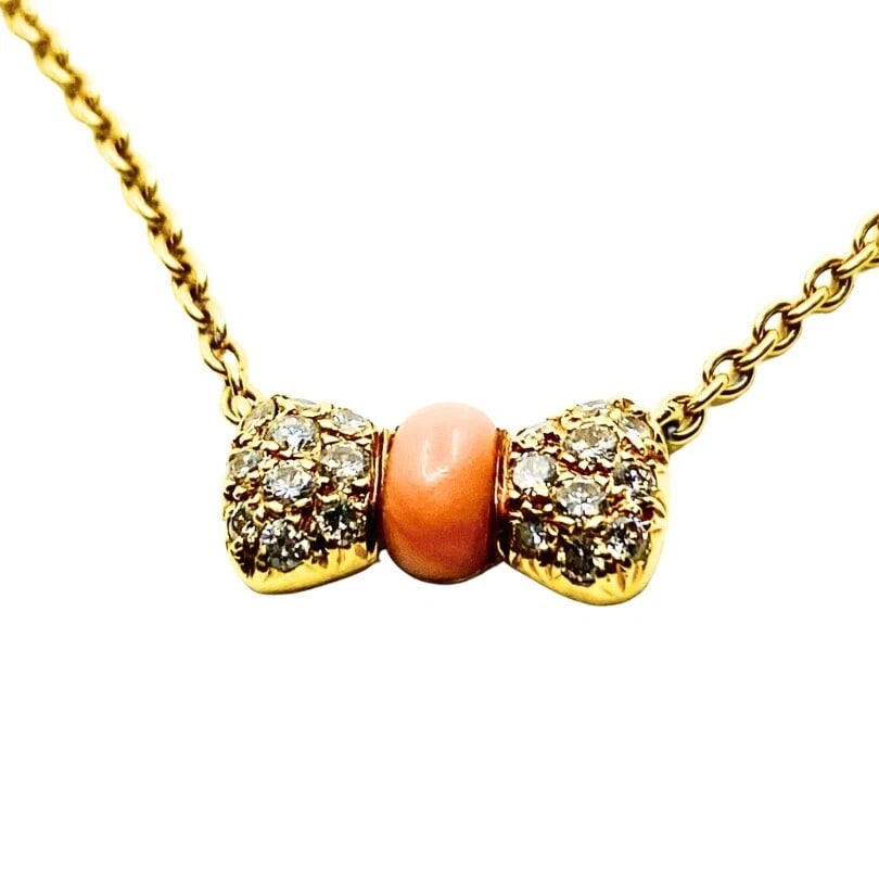 Van Cleef & Arpels Necklace 18k Gold Coral Diamond Bow Pendant - 7