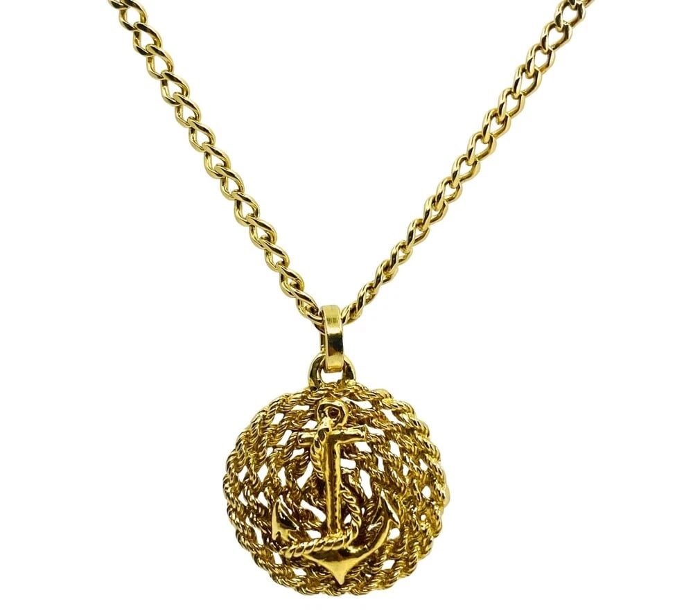 14k Gold Anchor Pendant Rope Design Chain Necklace - 4