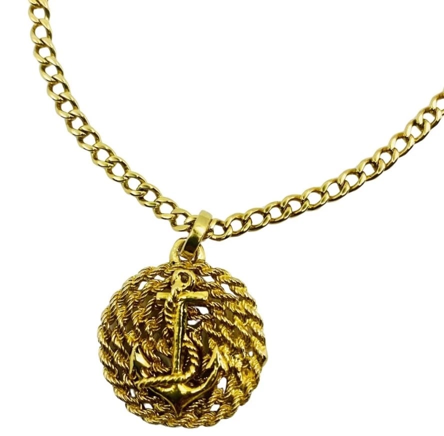 14k Gold Anchor Pendant Rope Design Chain Necklace - 7