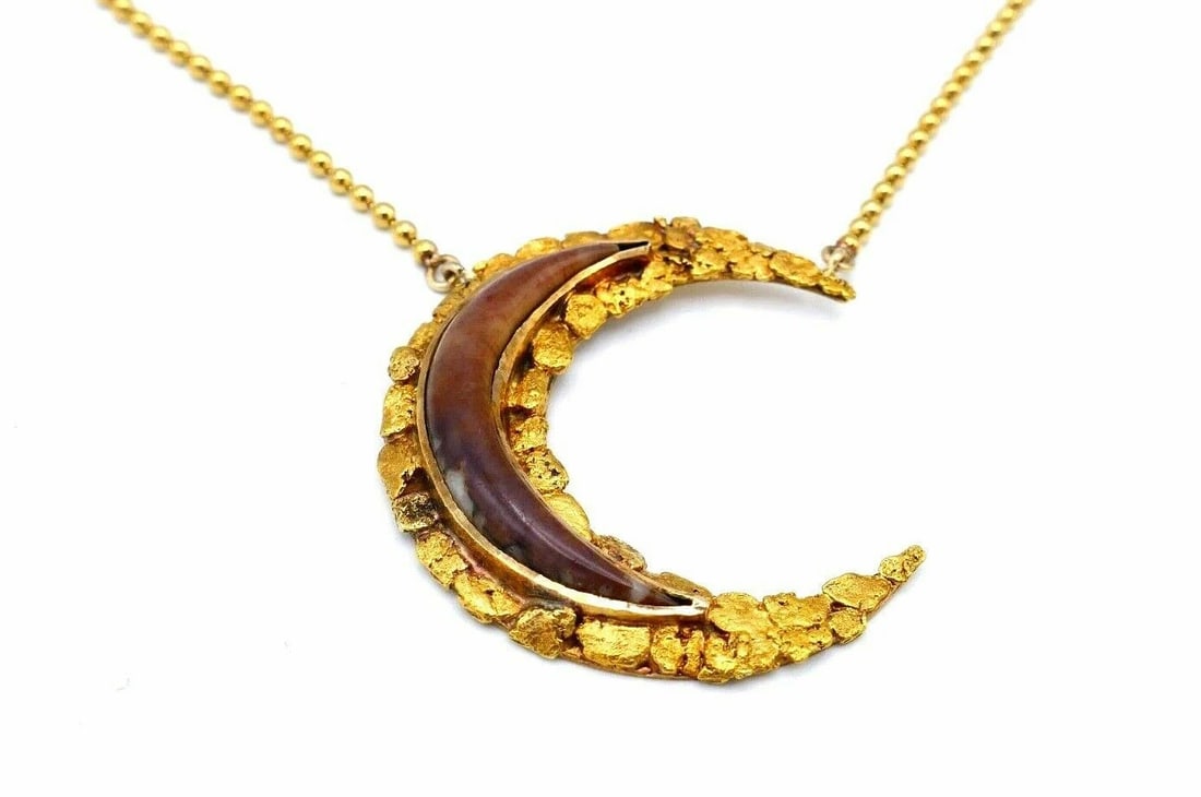 Antique Alaskan 14k Yellow Gold Horn Medham Crescent Necklace - 6