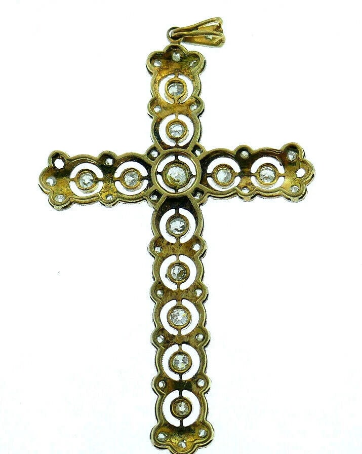 Vintage 18k White Yellow Gold Filigree Diamond Cross Pendant - 2
