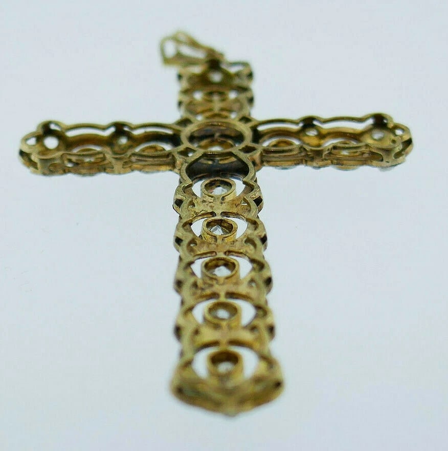Vintage 18k White Yellow Gold Filigree Diamond Cross Pendant - 3