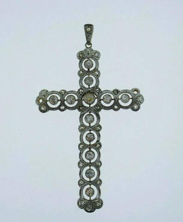 Vintage 18k White Yellow Gold Filigree Diamond Cross Pendant - 4