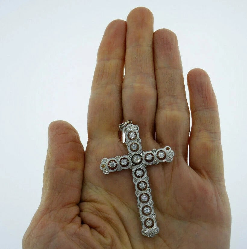Vintage 18k White Yellow Gold Filigree Diamond Cross Pendant - 5