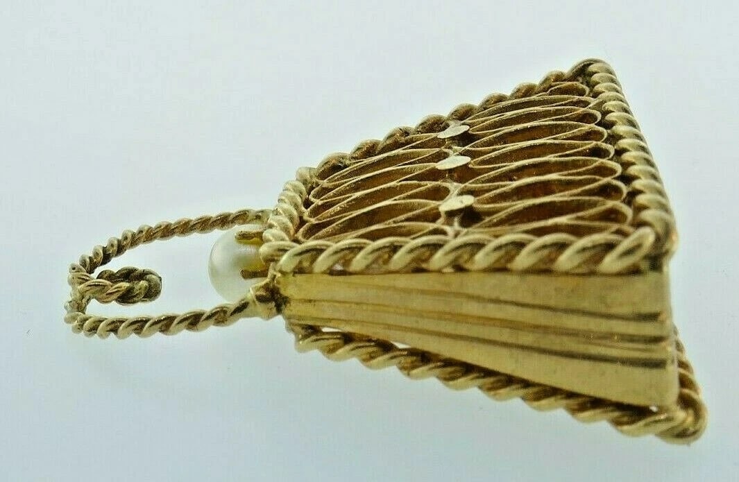 RETRO 14k Yellow Gold & Pearl Mechanical Purse Pendant Circa 1950s - 3