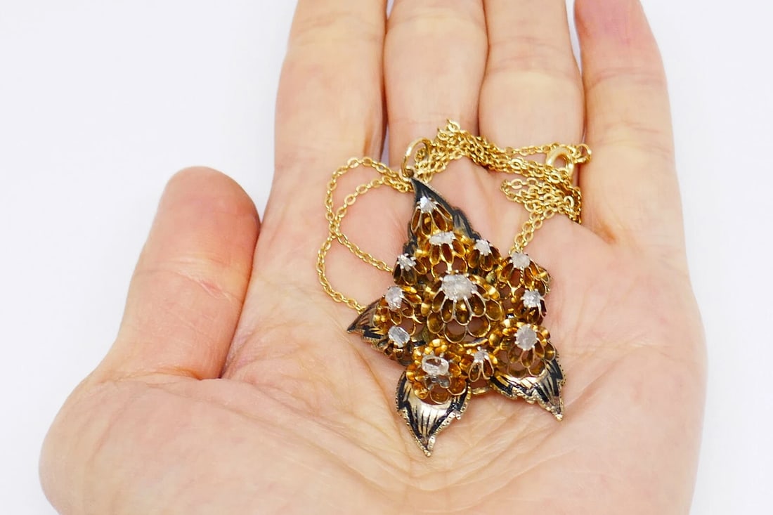 Antique 14k Yellow Gold Diamond Enamel Flower Pendant Chain Necklace - 10