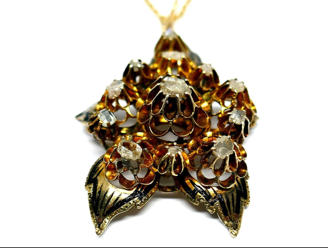 Antique 14k Yellow Gold Diamond Enamel Flower Pendant Chain Necklace - 3