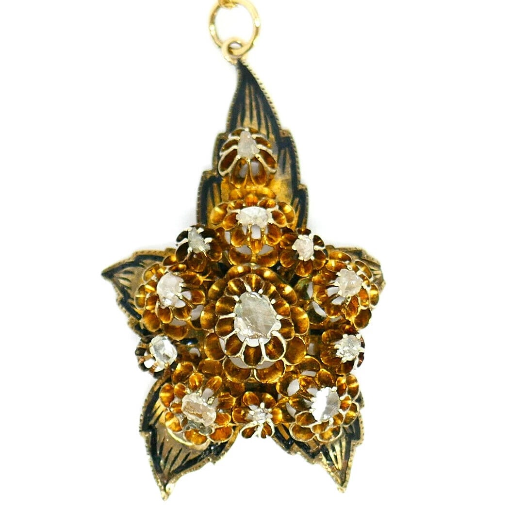Antique 14k Yellow Gold Diamond Enamel Flower Pendant Chain Necklace - 4
