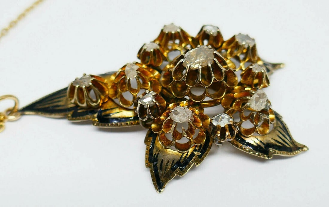 Antique 14k Yellow Gold Diamond Enamel Flower Pendant Chain Necklace - 5