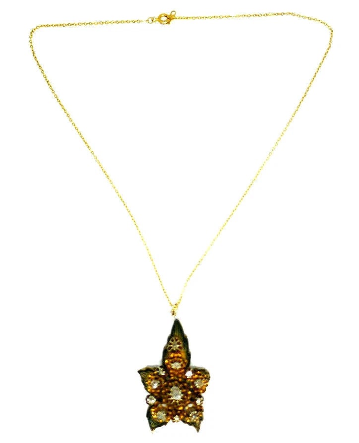 Antique 14k Yellow Gold Diamond Enamel Flower Pendant Chain Necklace - 6