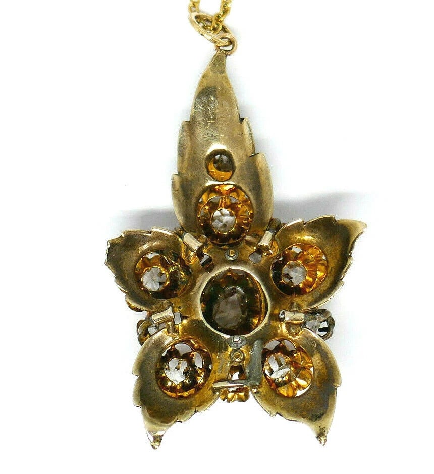 Antique 14k Yellow Gold Diamond Enamel Flower Pendant Chain Necklace - 7