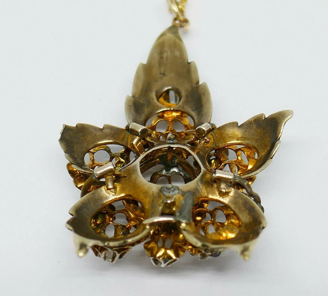 Antique 14k Yellow Gold Diamond Enamel Flower Pendant Chain Necklace - 8