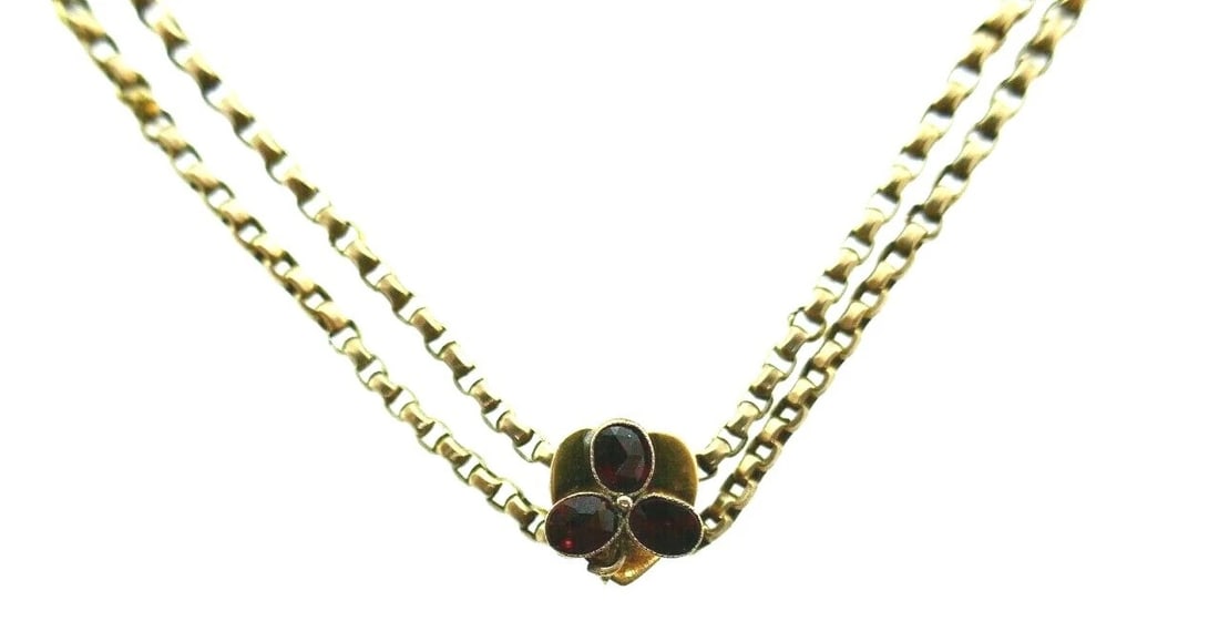 VICTORIAN 9k Yellow Gold & Garnet Slide Watch Chain Necklace Clover Motif 1900s - 5