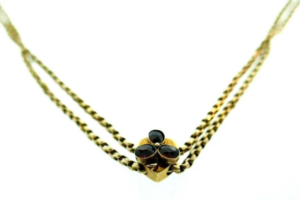 VICTORIAN 9k Yellow Gold & Garnet Slide Watch Chain Necklace Clover Motif 1900s - 6
