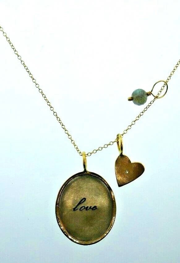 MODERN 14k Yellow Gold, Diamond & Quartz Love Necklace: Title: MODERN 14k Yellow Gold, Diamond & Quartz Love Necklace Description: DK HM 14k Yellow Gold, Diamond & Quartz Love Necklace ? This is a must for a collector. The weight is 5.5 grams. The length