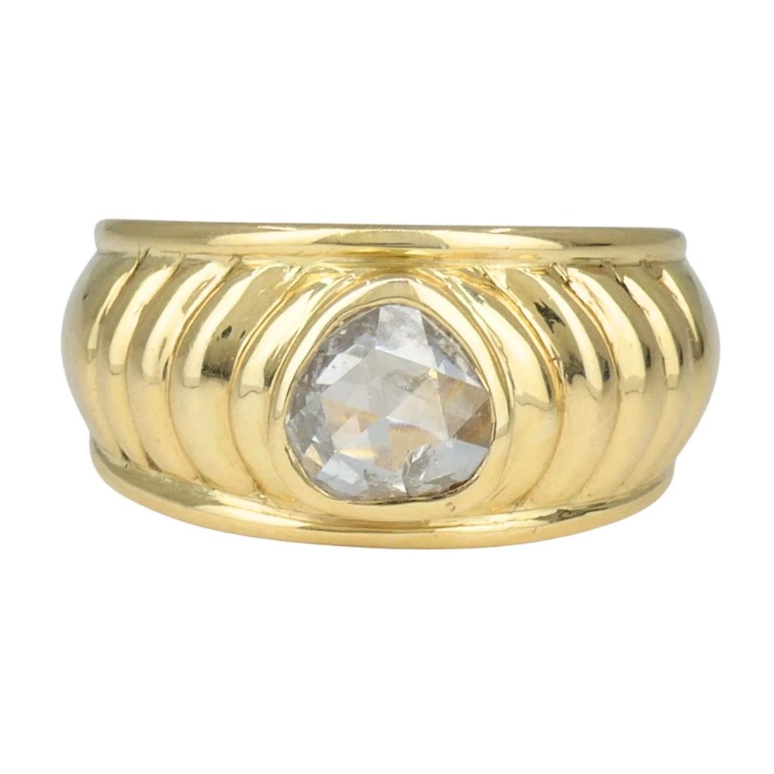 Vintage French 18k Yellow Gold Rose Cut Diamond Domed Band Ring Size 9: Title: Vintage French 18k Yellow Gold Rose Cut Diamond Domed Band Ring Size 9 Description: KL AETO 18k yellow gold rose cut diamond wide band ring, circa 1980s, designed with a polished domed profile 