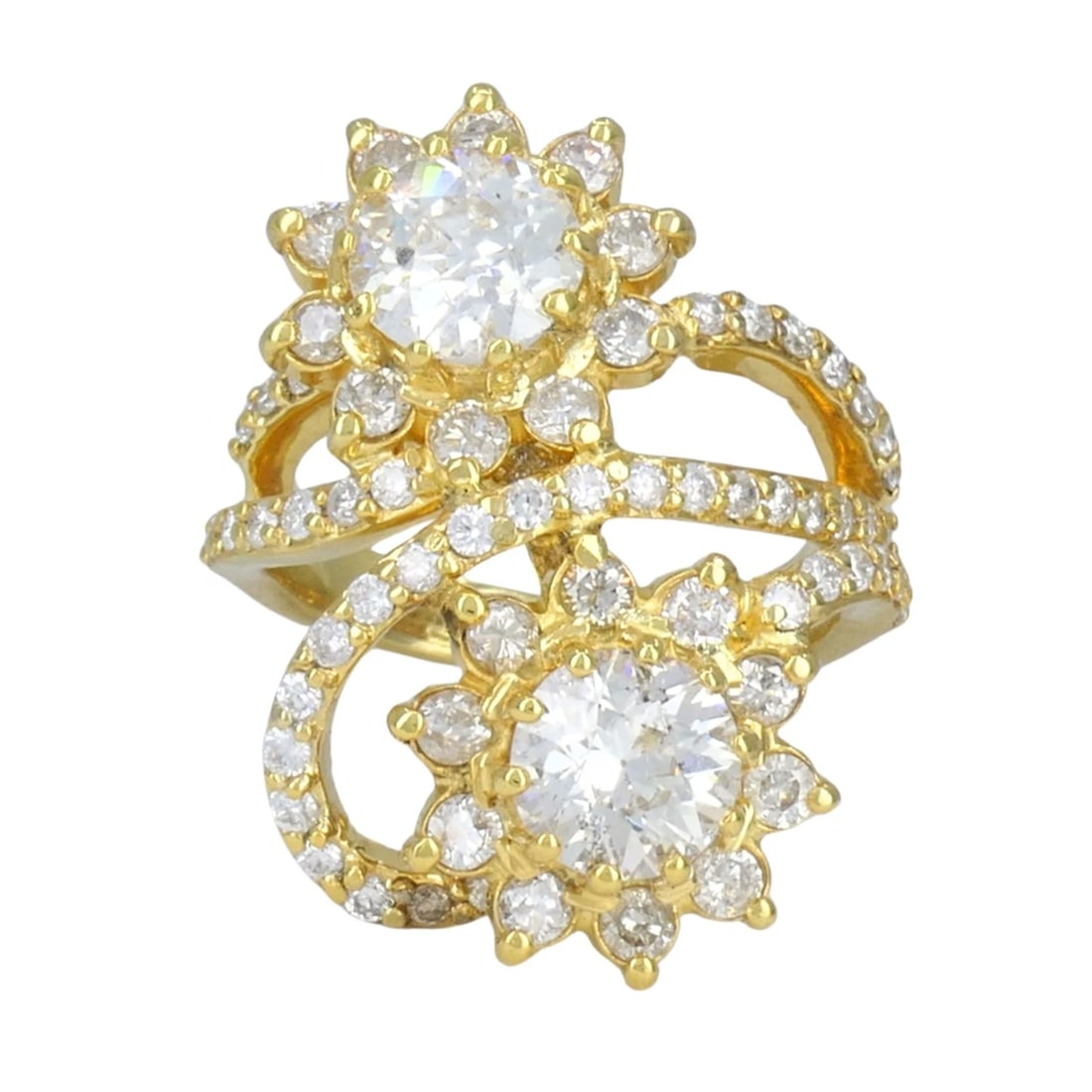 Vintage 18k Yellow Gold Diamond Floral Bypass Cocktail Ring: Title: Vintage 18k Yellow Gold Diamond Floral Bypass Cocktail Ring Description: KL TAAO 18k yellow gold diamond floral bypass ring, circa 1990s, designed with a dimensional double flower motif and an