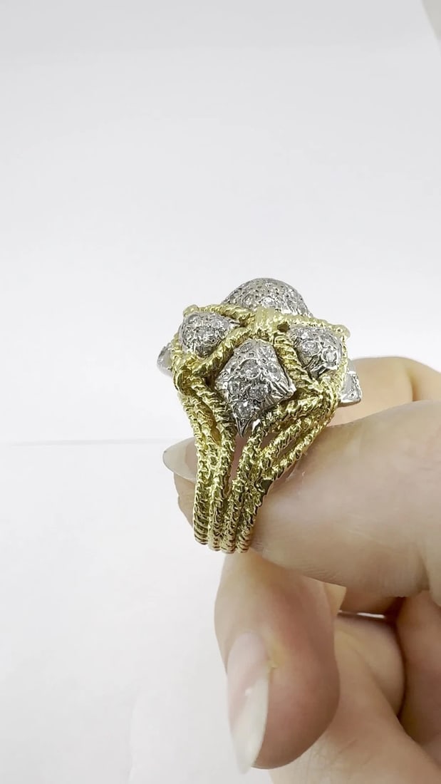 Vintage 18k Yellow Gold and 14k White Gold Diamond Dome Cocktail Ring - 2