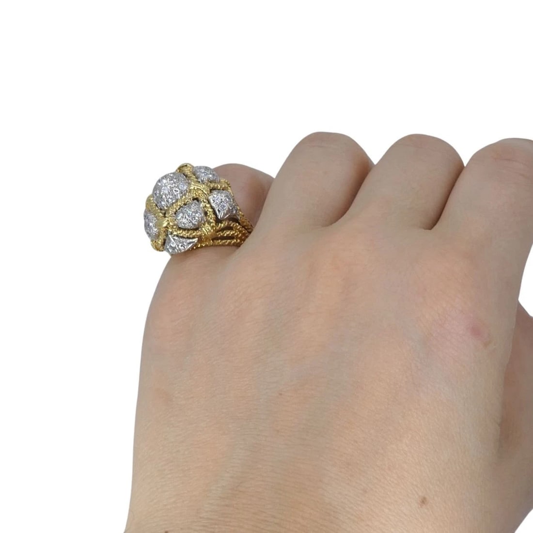 Vintage 18k Yellow Gold and 14k White Gold Diamond Dome Cocktail Ring - 5