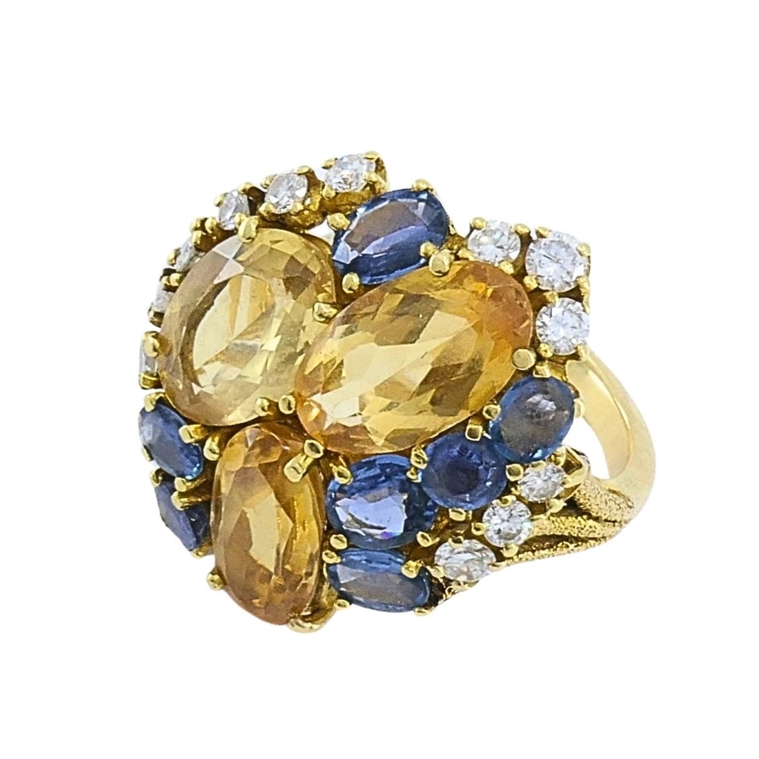 Vintage 14k Gold Imperial Topaz Blue Sapphire Diamond Cluster Cocktail Ring: Title: Vintage 14k Gold Imperial Topaz Blue Sapphire Diamond Cluster Cocktail Ring Description: ES JJOO Product details: MATERIALS: 14k Gold GEMSTONE: Imperial Topaz, Sapphire, Diamond WEIGHT: 9.5 Gra