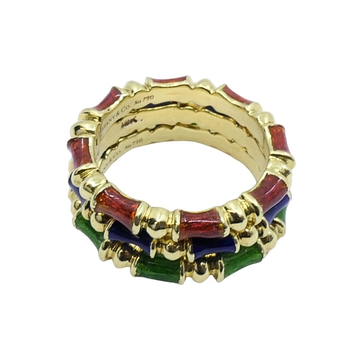 Tiffany & Co. Enamel Bamboo Stacking Rings 18k Yellow Gold Blue Green & Red - 10