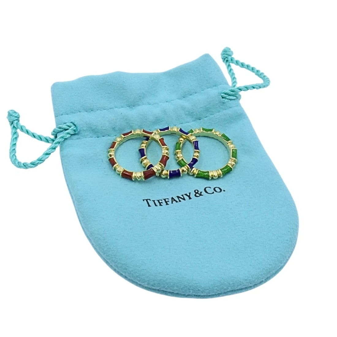 Tiffany & Co. Enamel Bamboo Stacking Rings 18k Yellow Gold Blue Green & Red - 11