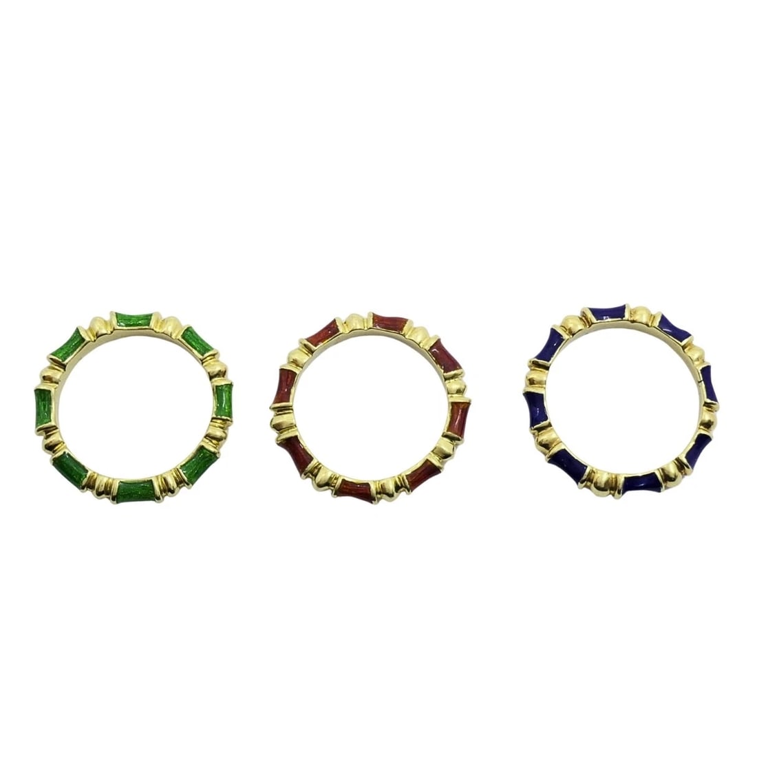 Tiffany & Co. Enamel Bamboo Stacking Rings 18k Yellow Gold Blue Green & Red - 9