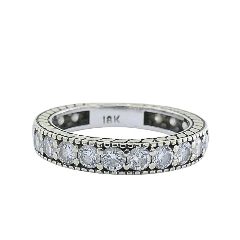 18k White Gold Diamond Eternity Band Ring: Title: 18k White Gold Diamond Eternity Band Ring Description: ES JOOO Product details: MATERIALS: 18K Gold GEMSTONE: Diamond WEIGHT: 3.2 Grams RING SIZE: 6 HALLMARKS: 18K ITEM DETAILS: 18k White Gold 