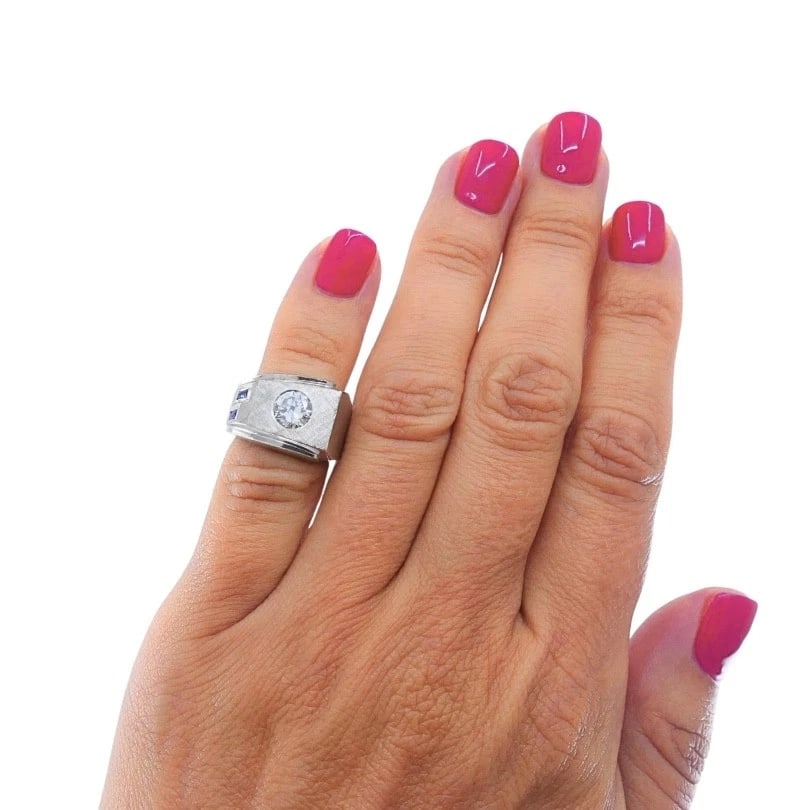 Vintage 14k White Gold Diamond Sapphire Angular Ring - 3