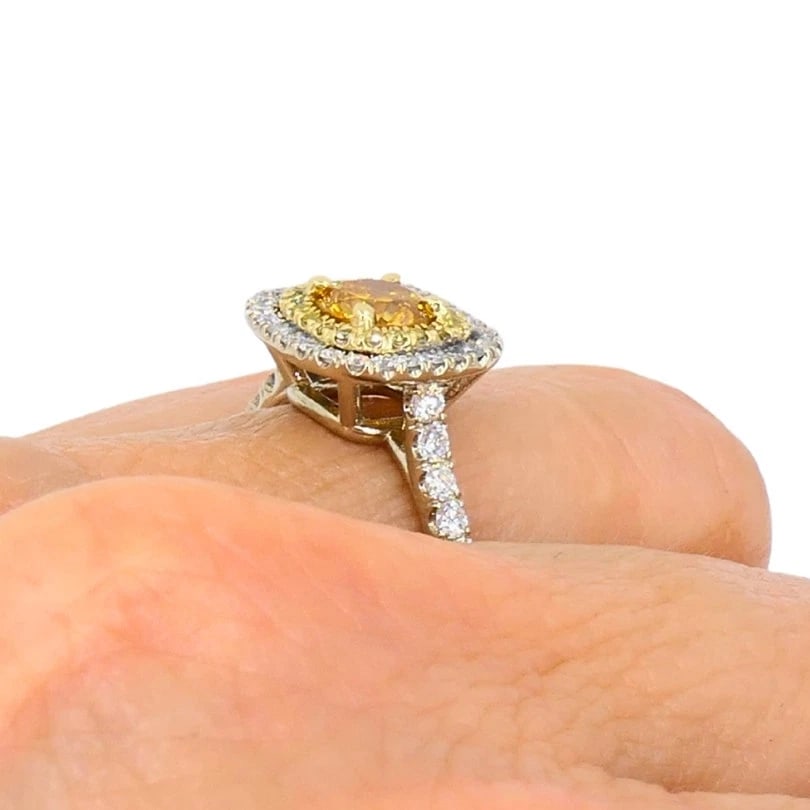 14k White Gold RING Fancy Yellow Orange Diamond GIA Double Halo Estate Jewelry - 10