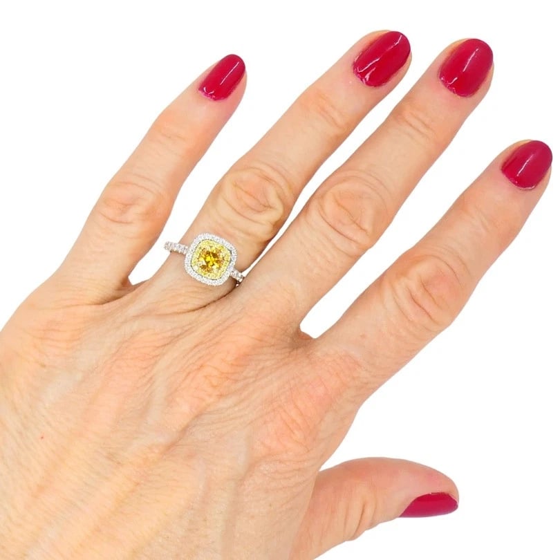 14k White Gold RING Fancy Yellow Orange Diamond GIA Double Halo Estate Jewelry - 15