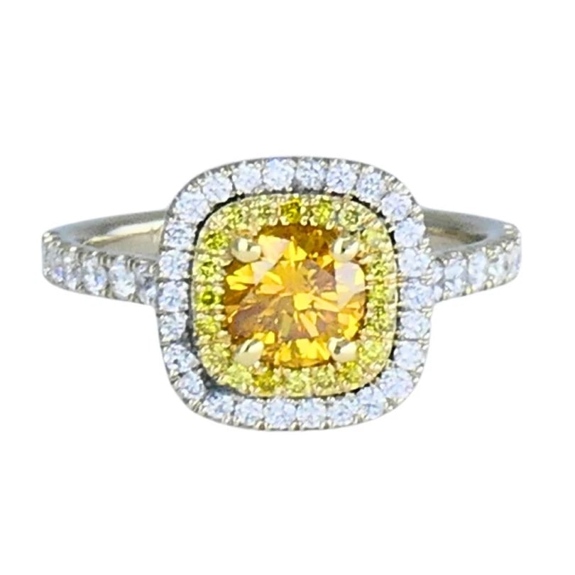 14k White Gold RING Fancy Yellow Orange Diamond GIA Double Halo Estate Jewelry: Title: 14k White Gold RING Fancy Yellow Orange Diamond GIA Double Halo Estate Jewelry Description: VK ATOO 14 karat White Gold Fancy Yellow Diamond Ring This modern 14k white gold ring features a fanc