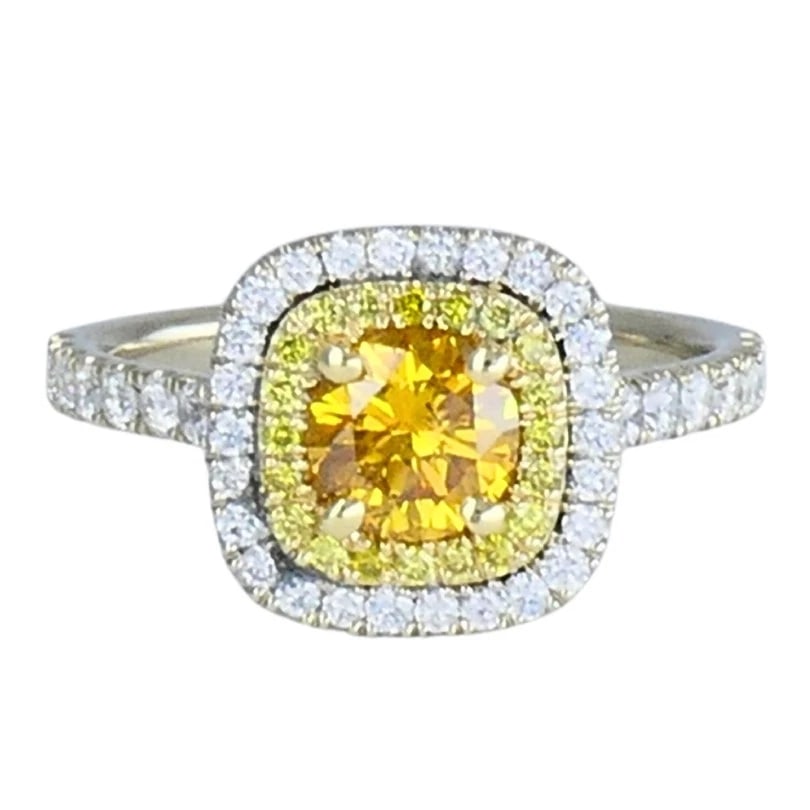 14k White Gold RING Fancy Yellow Orange Diamond GIA Double Halo Estate Jewelry - 5
