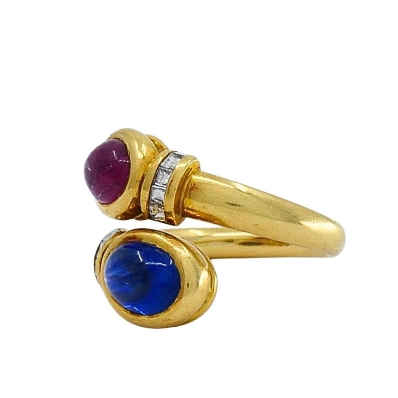 French 18k Gold Ruby Sapphire Diamond Bypass Ring - 4
