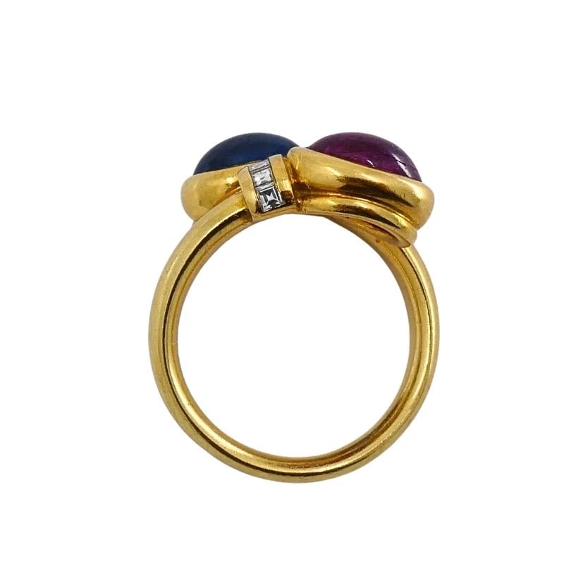 French 18k Gold Ruby Sapphire Diamond Bypass Ring - 6