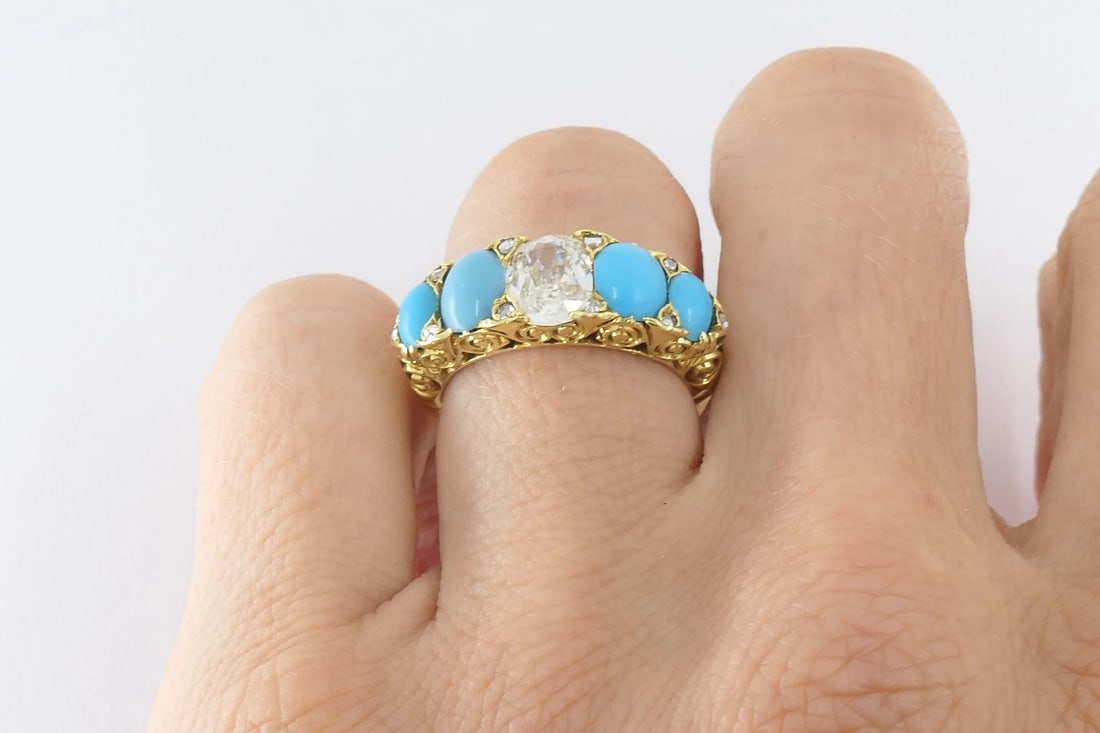 Turquoise Ring Antique Diamond Ring 18k Gold - 3