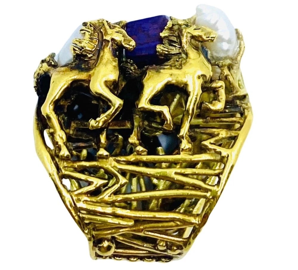 Whimsical Artisan Ring Pearl Gemstones 18k Gold - 7