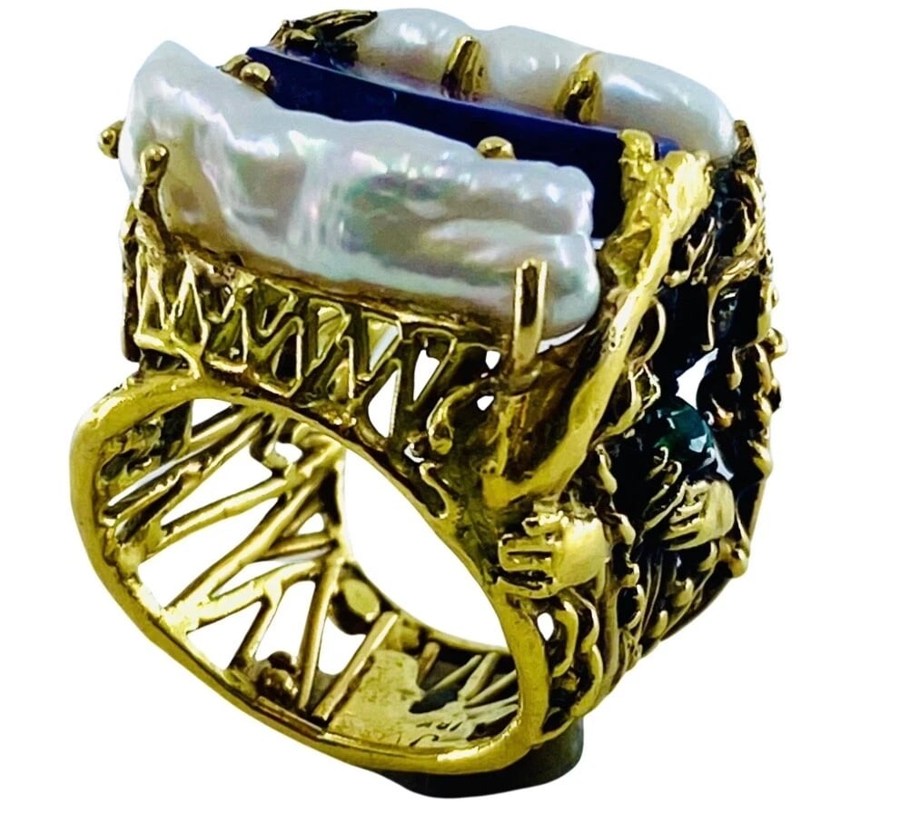 Whimsical Artisan Ring Pearl Gemstones 18k Gold - 9