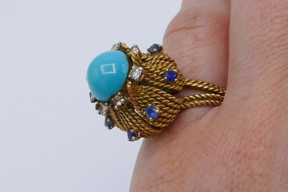 Antique French Yellow Gold Turquoise Sapphire Diamond Cocktail Ring - 10