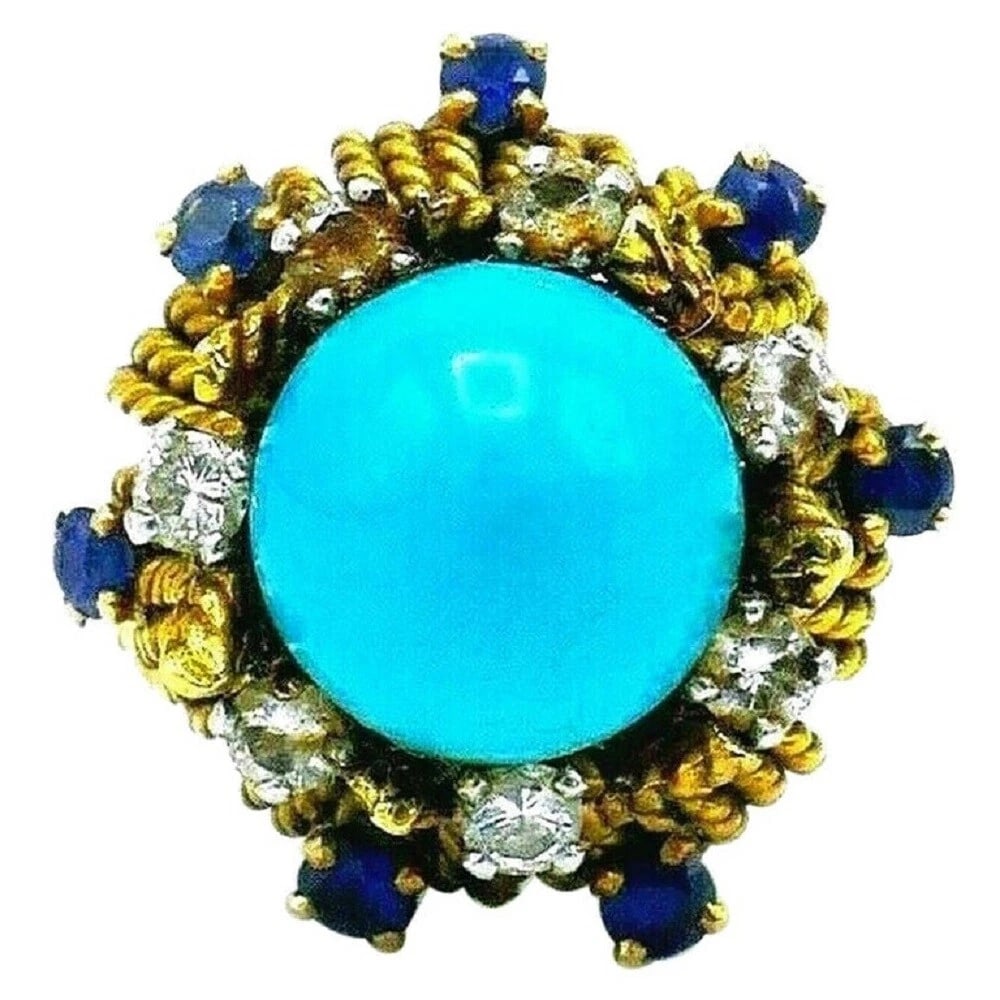 Antique French Yellow Gold Turquoise Sapphire Diamond Cocktail Ring: Title: Antique French Yellow Gold Turquoise Sapphire Diamond Cocktail Ring Description: NS UITO Antique French Yellow Gold Turquoise Sapphire Diamond Cocktail Ring Spectacular antique ring made of 18k