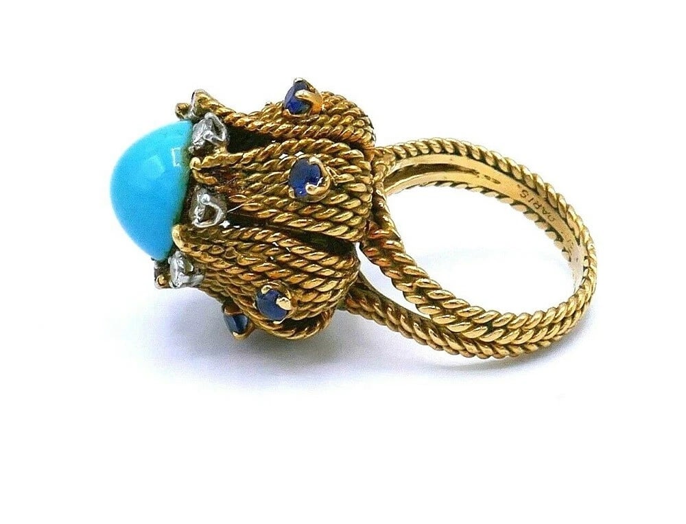 Antique French Yellow Gold Turquoise Sapphire Diamond Cocktail Ring - 2
