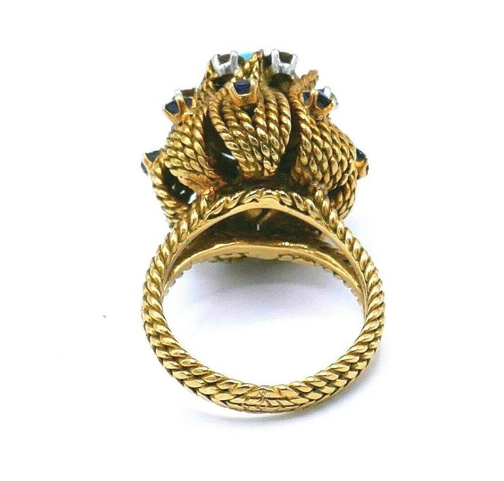 Antique French Yellow Gold Turquoise Sapphire Diamond Cocktail Ring - 3