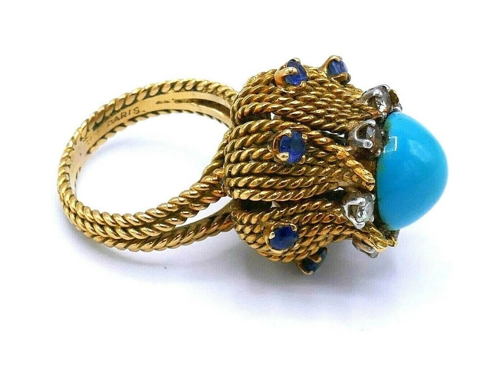 Antique French Yellow Gold Turquoise Sapphire Diamond Cocktail Ring - 4