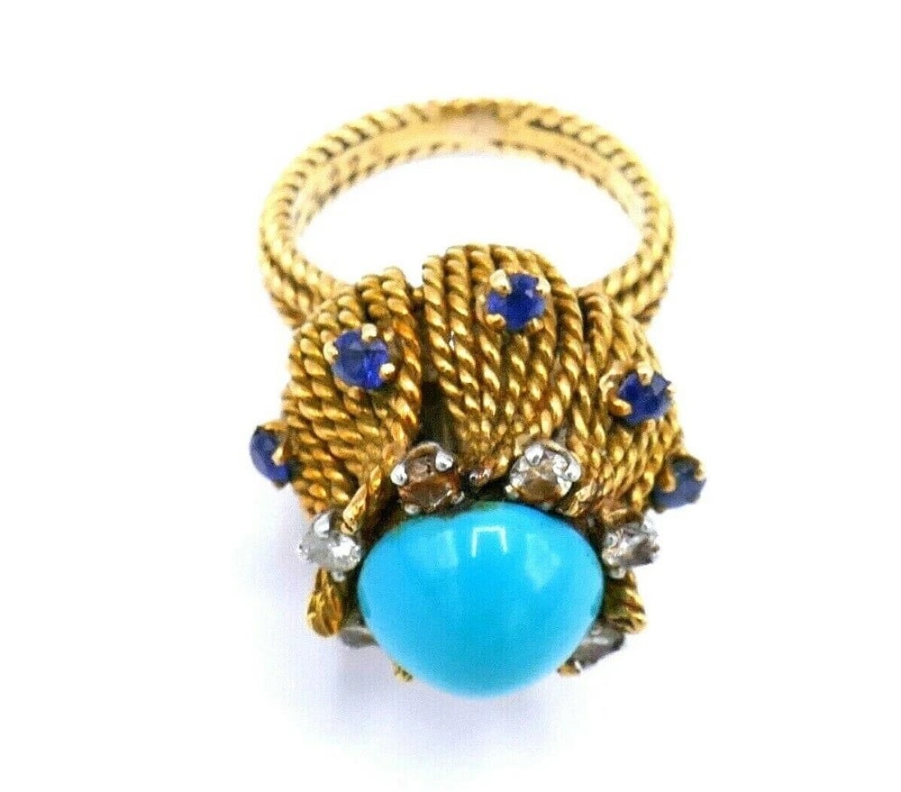 Antique French Yellow Gold Turquoise Sapphire Diamond Cocktail Ring - 9