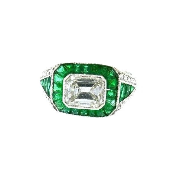 VINTAGE Platinum Emerald Diamond Engagement RING Art Deco Style - 2