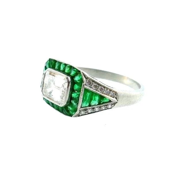 VINTAGE Platinum Emerald Diamond Engagement RING Art Deco Style - 3